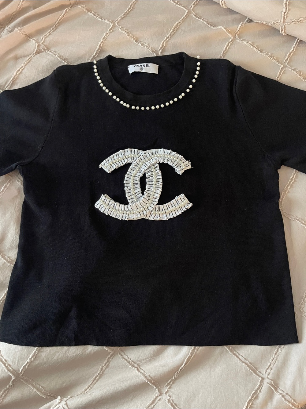 CHANEL Black Top with Pearl Neckline and pearl CC